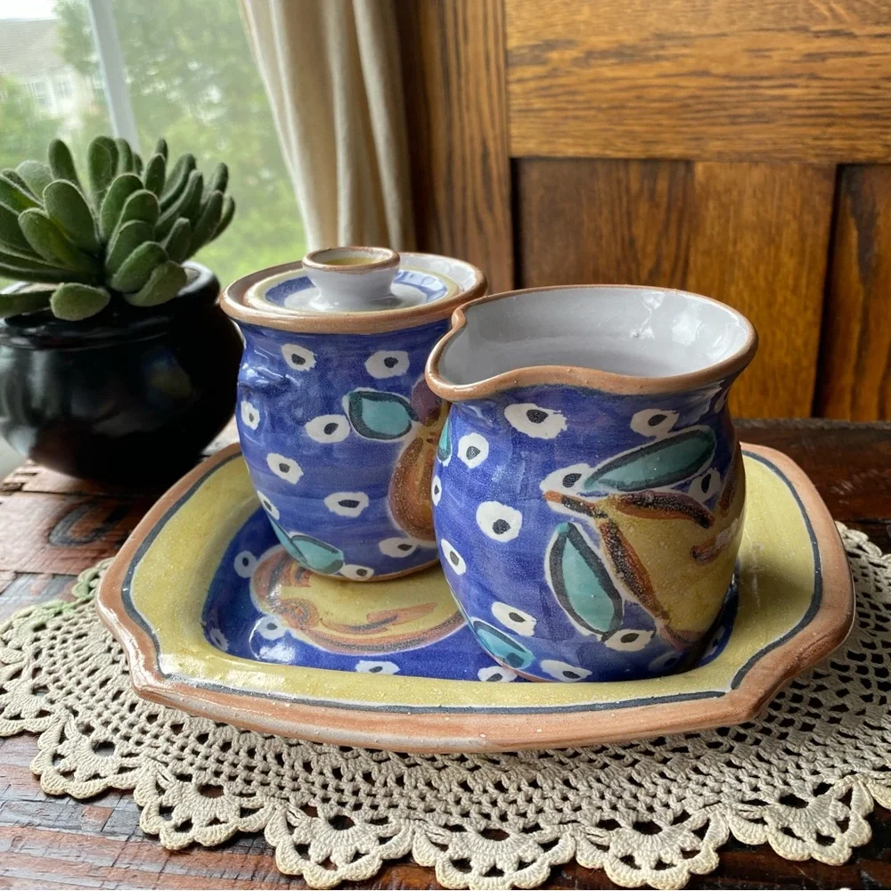 Studio Pottery Pear Sugar and Creamer Dish Set EUC